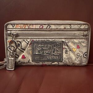 Coach Beige Graphic Wristlet with Pink & Yellow Heart Accents